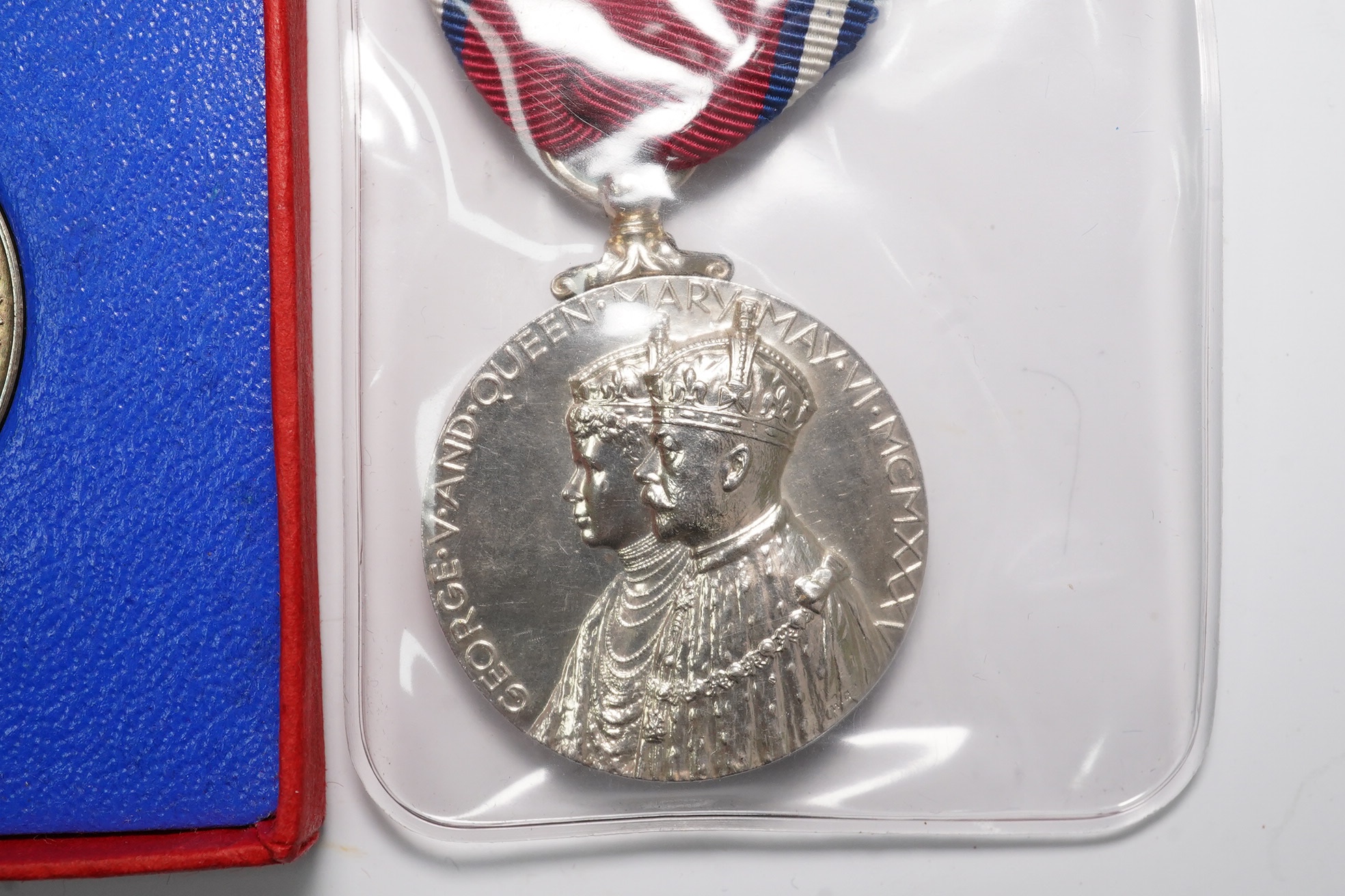 British Royal commemorative medals, Victoria Diamond Jubilee large silver medal, toned about UNC, in case of issue, two George VI and Queen Mary silver jubilee medals, 1935 and Elizabeth II silver jubilee large silver me